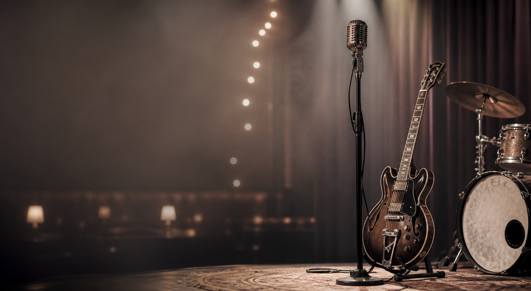 Microphone, guitar, and drums ready on a small performance stage