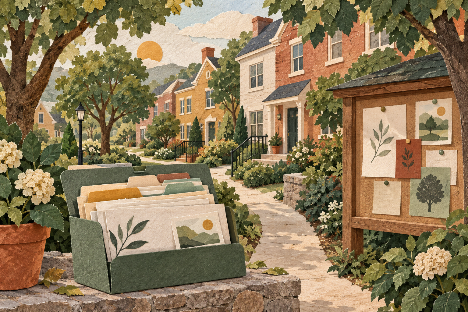 Warm paper collage of a leafy townhouse neighborhood and neatly organized community documents