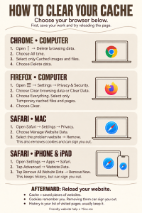 Large-print guide with cache-clearing steps for Chrome, Firefox, Safari on Mac, and Safari on iPhone and iPad. Includes warnings about cookies and signing out.