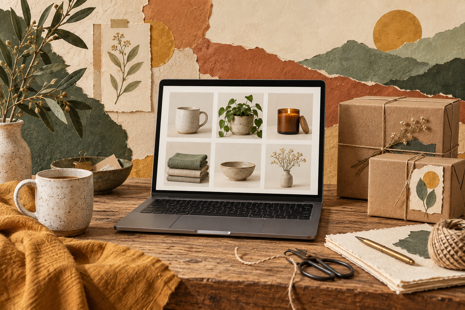 Warm paper collage of a small maker’s products, shipping parcels, and an online shop
