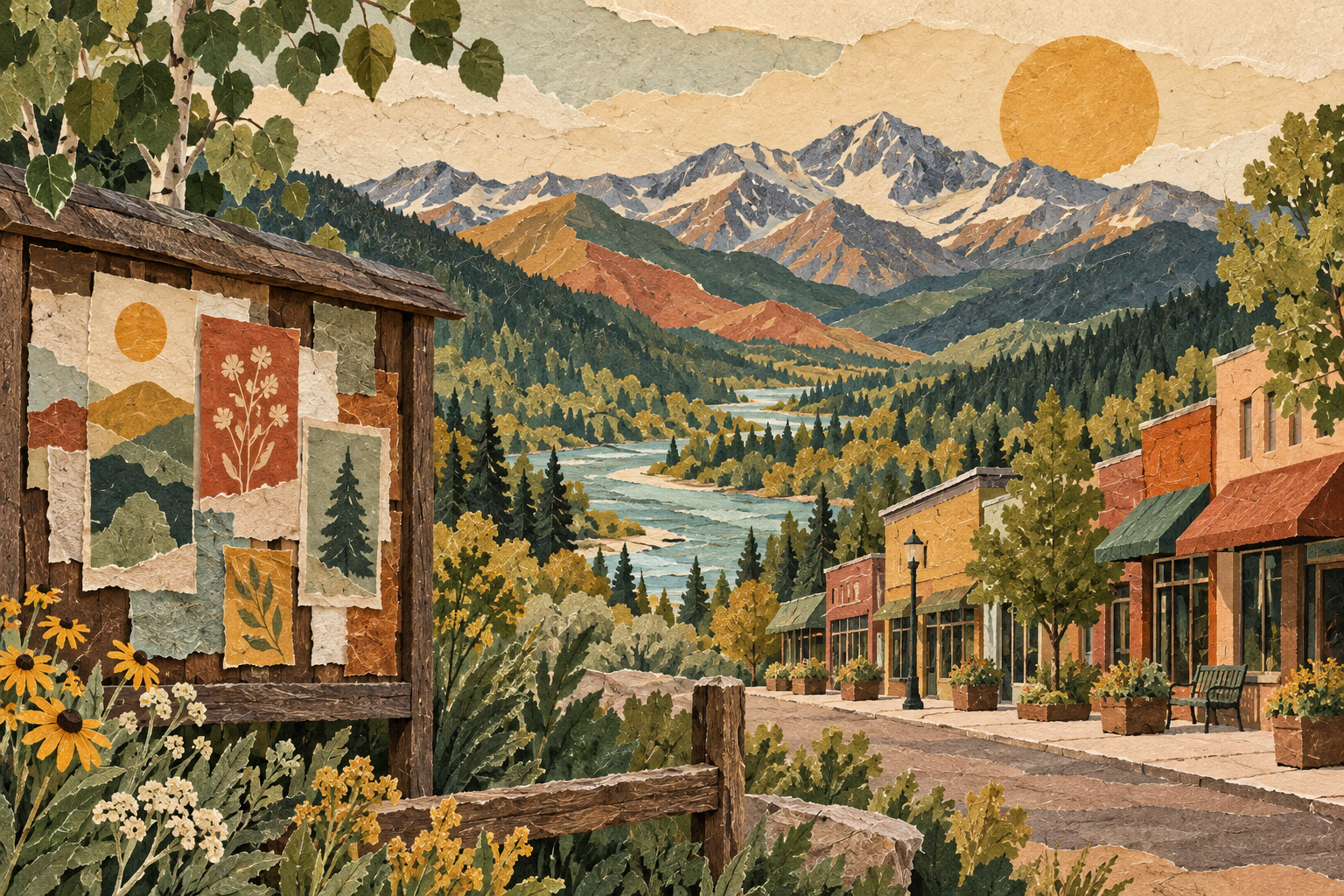 Warm paper collage of a Colorado mountain valley, local shops, and a community event noticeboard