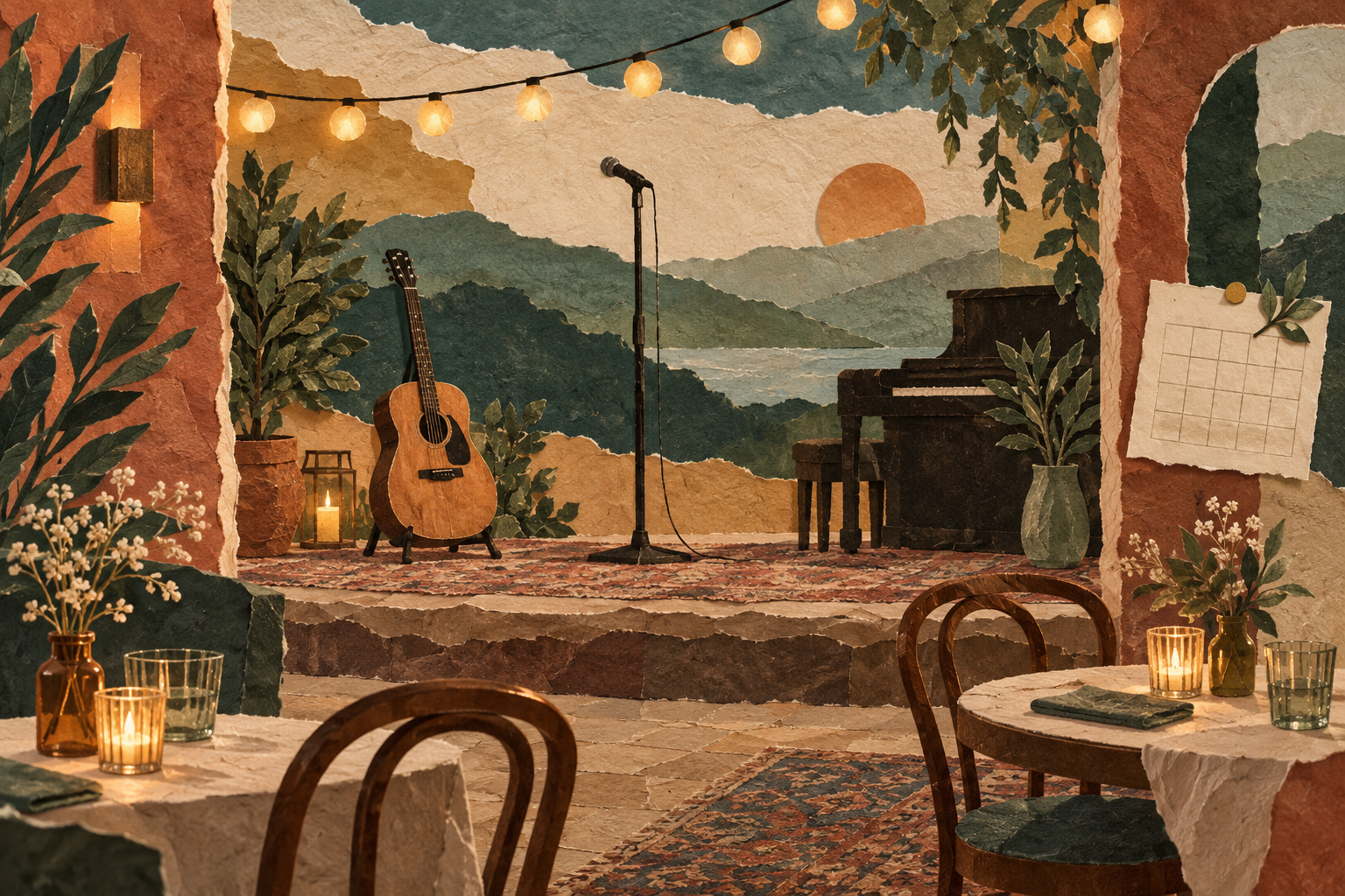 Warm paper collage of a welcoming music stage with guitar, microphone, piano, and café tables